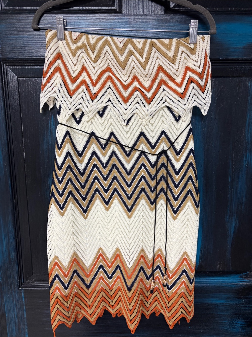 Emerald Strapless Chevron Knit Dress in Ivory, Navy & Rust